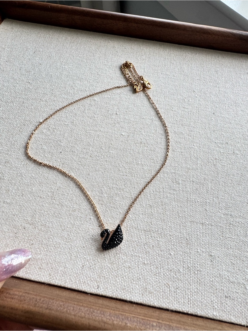 Swarovski Delicate Black Swan Pendant Necklace - Gold Chain